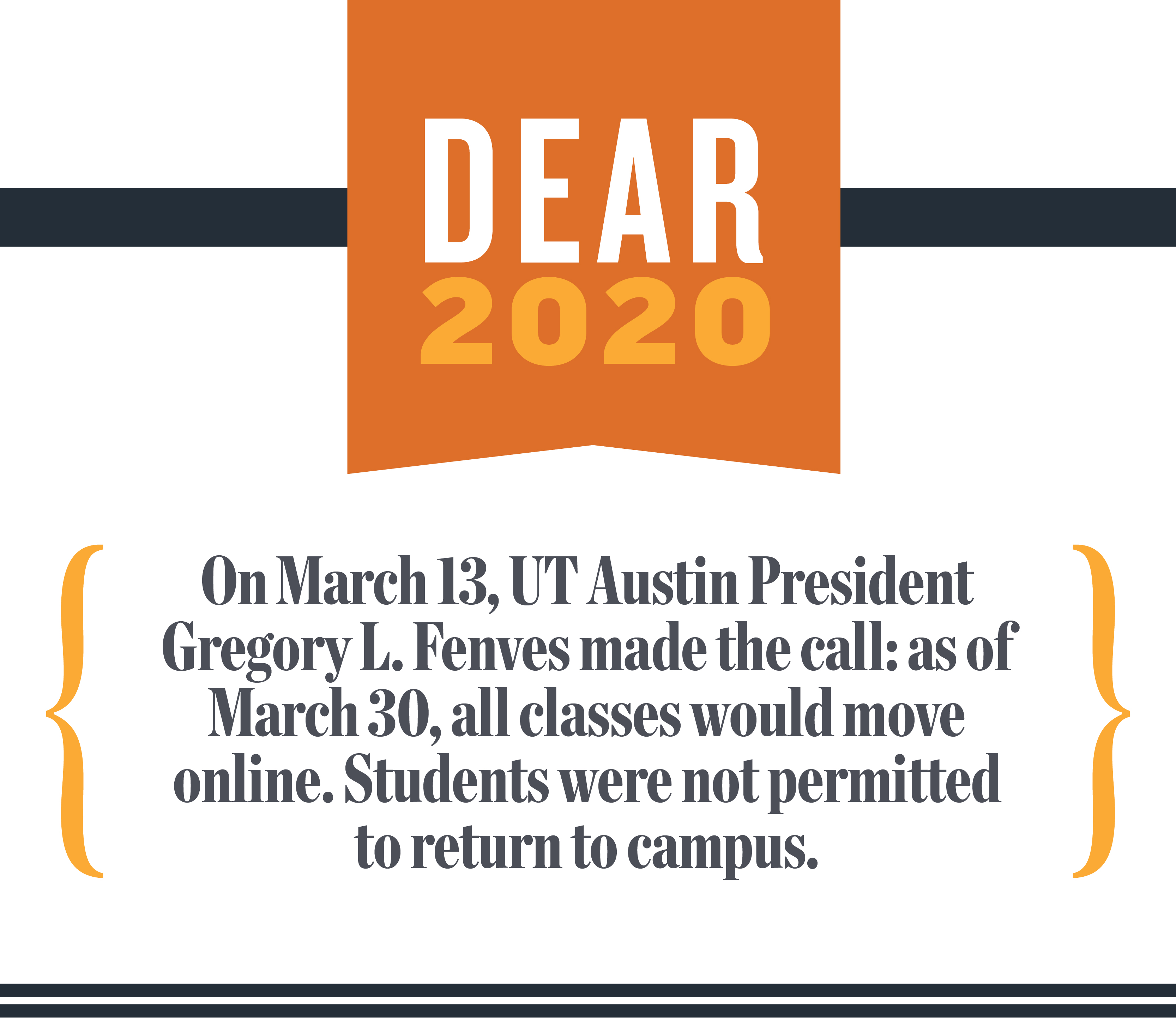 Dear Class of 2020. On March 13, UT Austin President Gregory L. Fenves made the call: as of March 30,  all classes would move online. Students were not permitted to return to campus. 