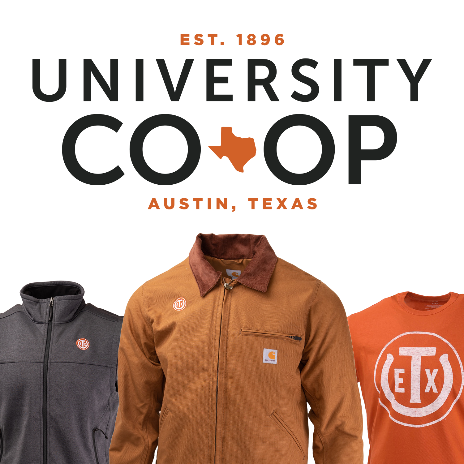 University Coop Logo with Texas Exes North Face Vest, Texas Exes Carhartt Detroit Jacket, and Texas Exes Emblem Tee