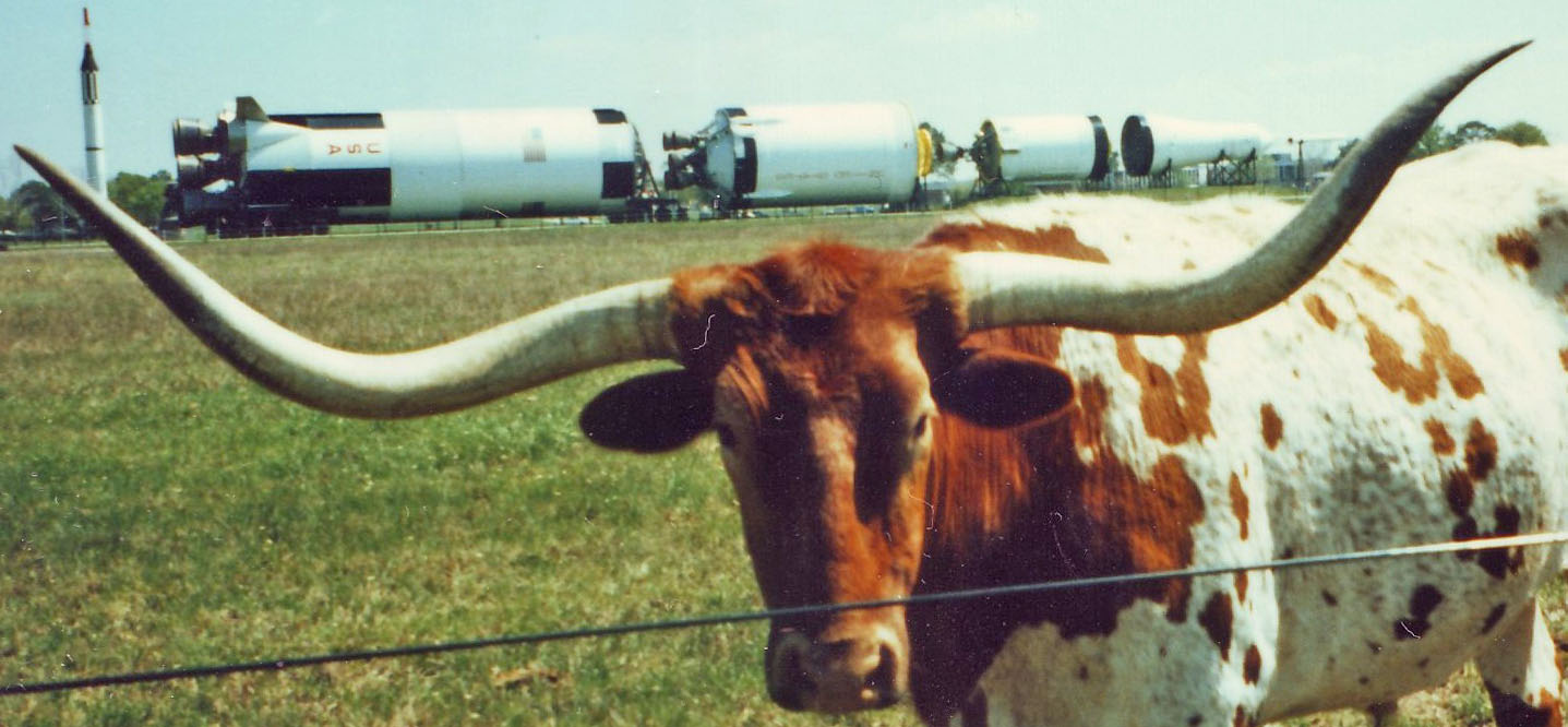 Texas Longhorn before Johnson Space Center's Saturn V rocket