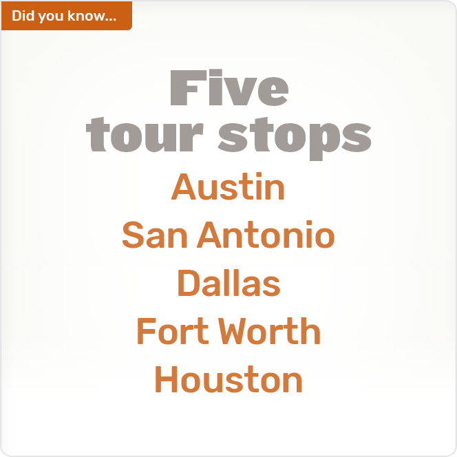 Did you know. Five tour stops Austin San Antonio Dallas Fort Worth Houston