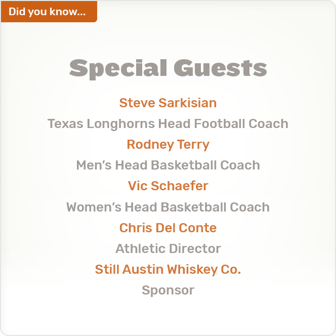 Did you know. Special Guests Steve Sarkisian Texas Longhorns Head Football Coach Rodney Terry Men's Head Basketball Coach Vic Schaefer Women's Head Basketball Coach Chris Del Conte Athletic Director Still Austin Whiskey Co. Sponsor